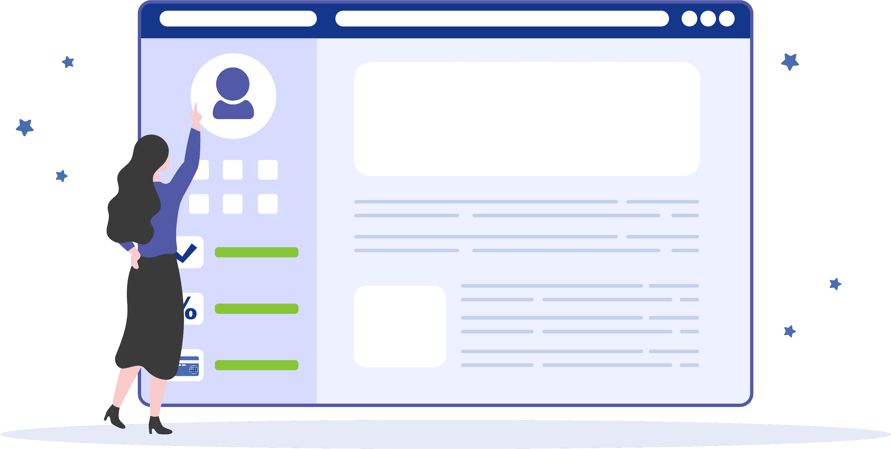 Illustration of a woman interacting with an enlarged website window