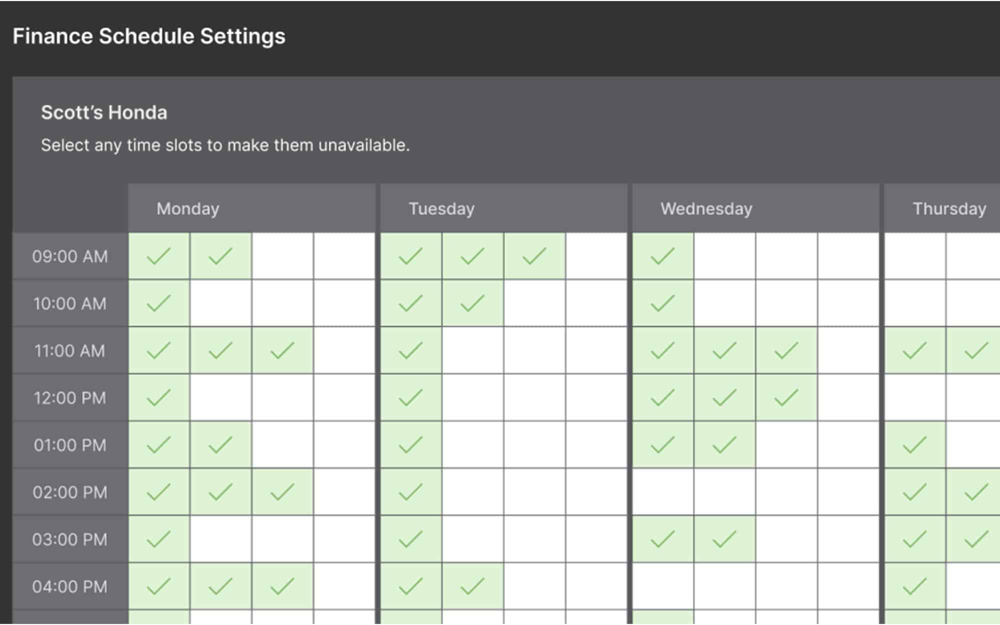 Finance Schedule Settings screenshot for Scott's Honda