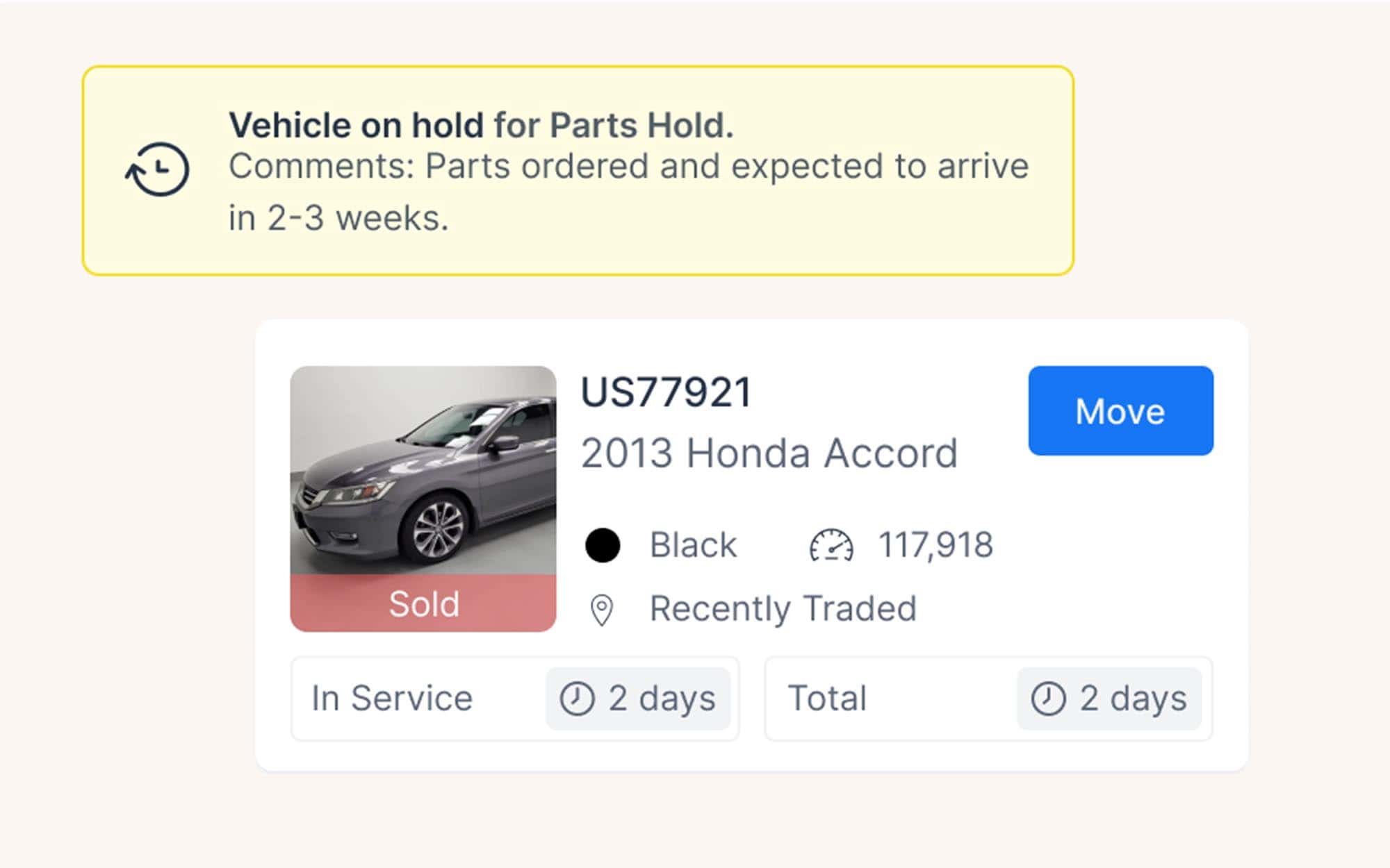 Vehicle on hold for parts hold screenshot for Honda Accord