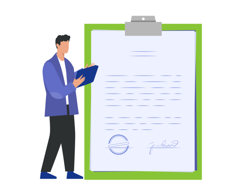 Illustration of someone standing next to a large clipboard