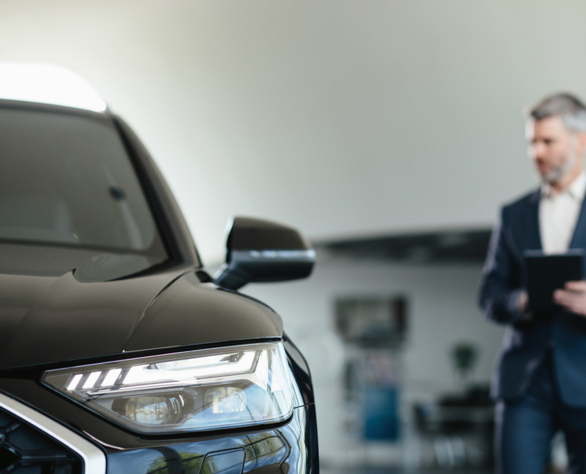 Front view of a car in focus at a dealership showroom and a man blurred in the background