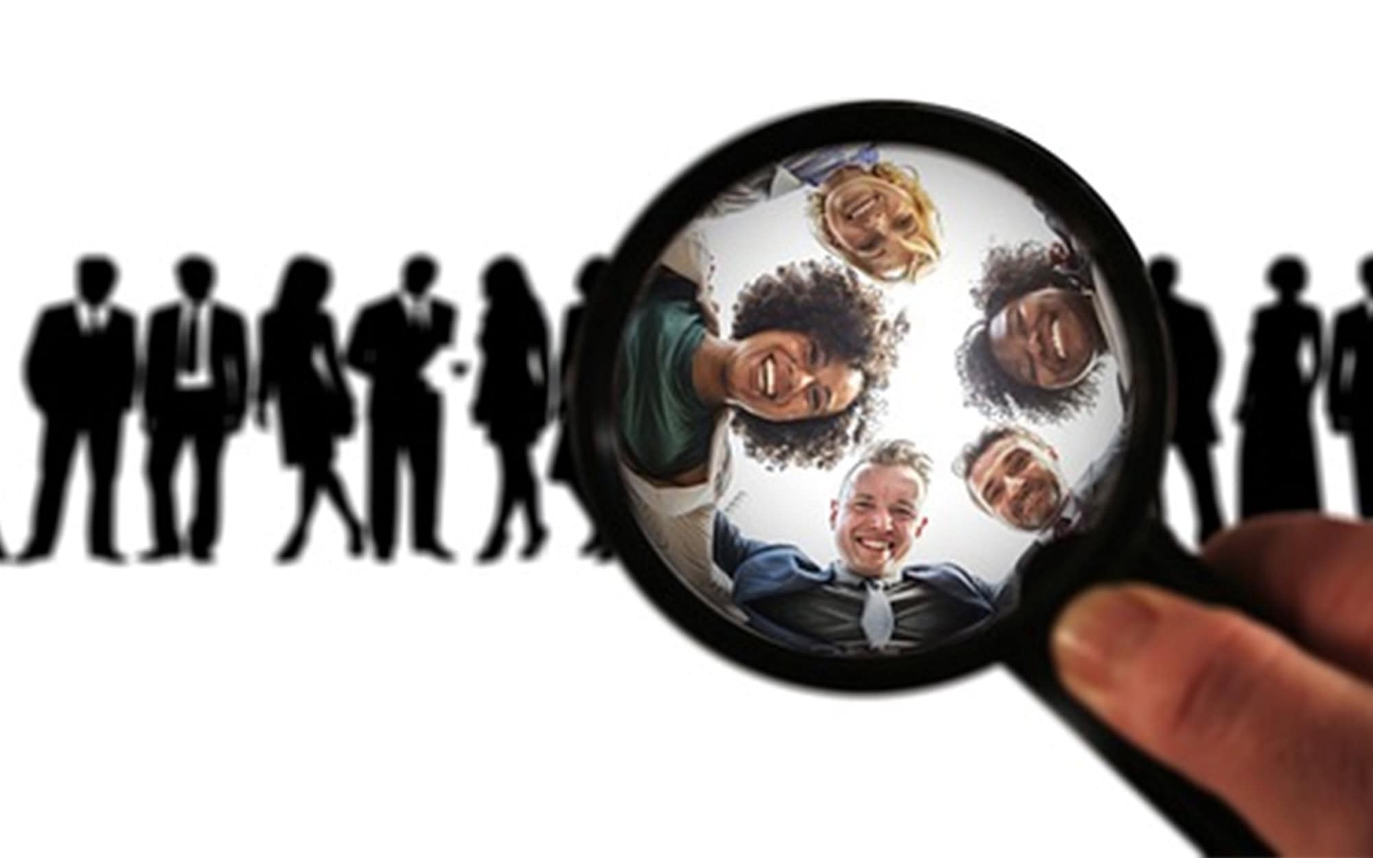 Front view of many people looking through magnifying glass