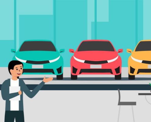 Illustration of man with black hair gesturing to three cars on lot
