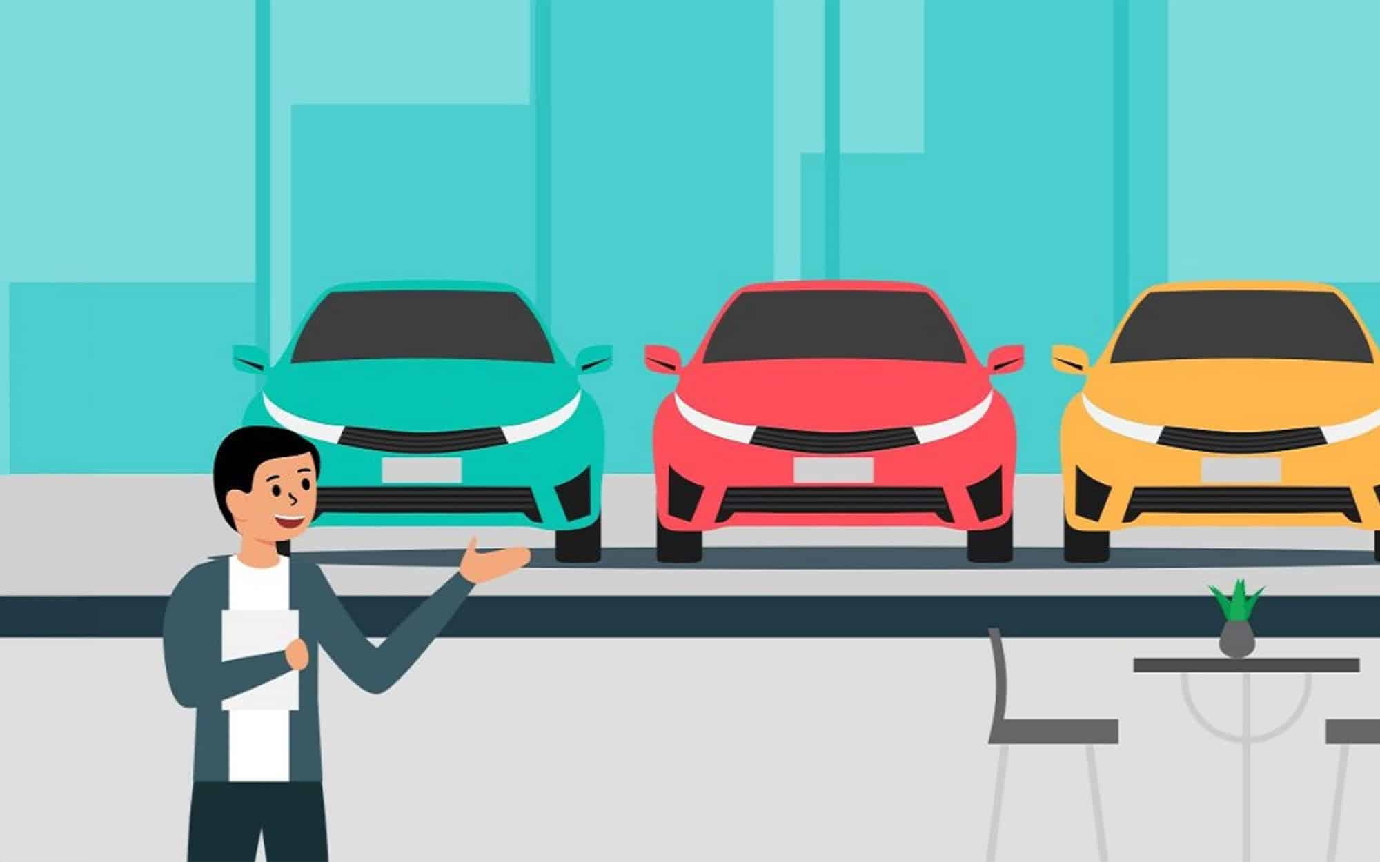 Illustration of man with black hair gesturing to three cars on lot