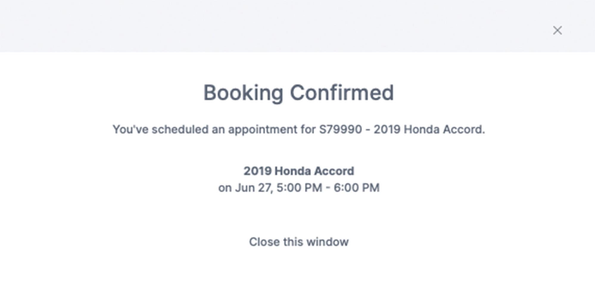 Screenshot of a light mode booking confirmed screen on ReconRelay's software