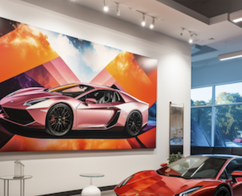 Side view of a sports car painting in dealership showroom