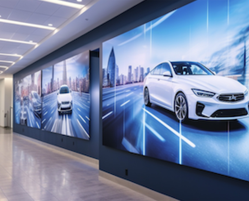 Side view of photos of white sedans on a wall