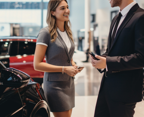 Side view of two young salespeople in car dealership showroom