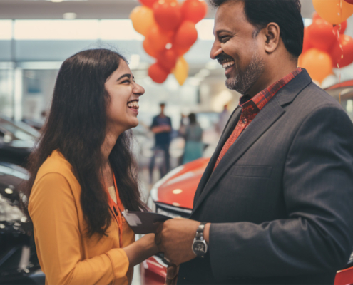 Two people smiling in car dealership showroom